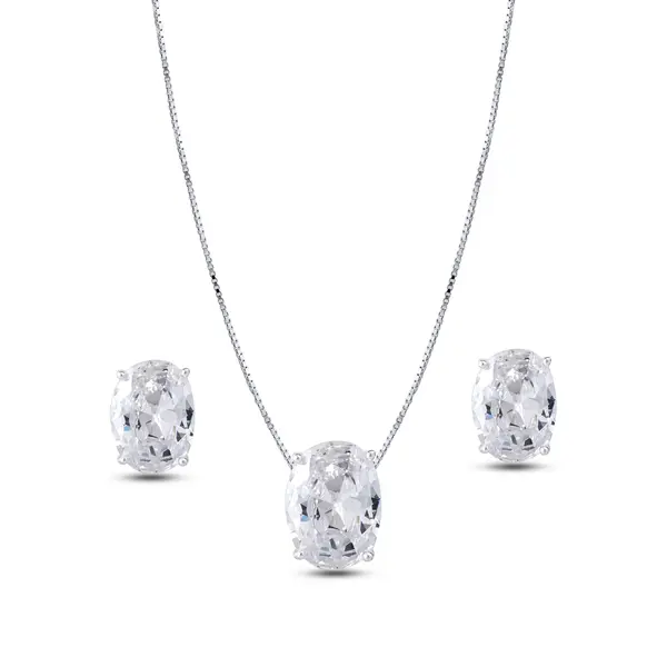 Conjunto Prata Leve Oval Zircônia Grande