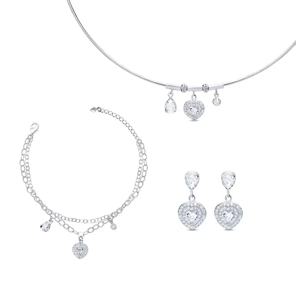 Conjunto Prata Leve Reflet Coração Gota em Zircônia