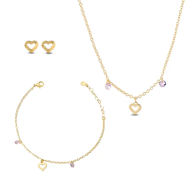 Conjunto Folheado a Ouro 18k Infantil Corações e Zircônias Rosas e Pulseira