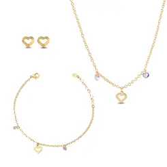 Conjunto Folheado a Ouro 18k Infantil Corações e Zircônias Rosas e Pulseira