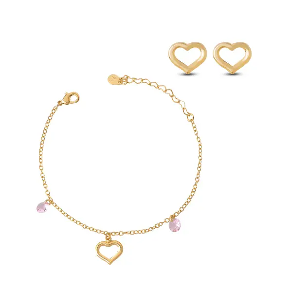 Conjunto Folheado a Ouro 18k Infantil Pulseira e Brinco Coração