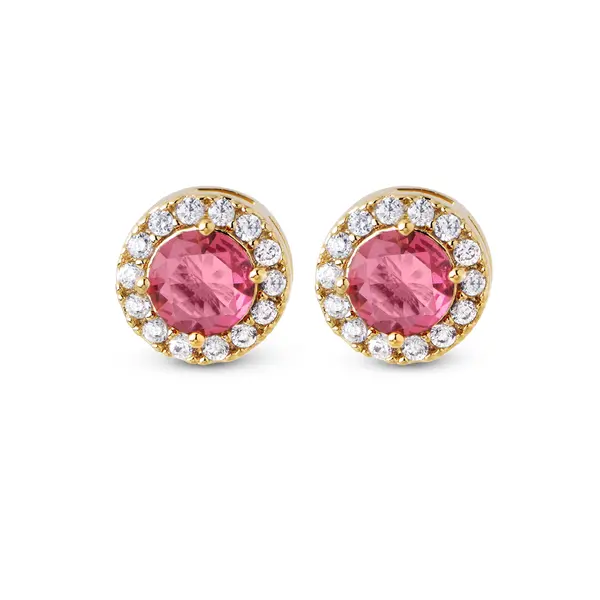 Brinco Folheado a Ouro 18k Redondo Clássico Cravejado Vermelho
