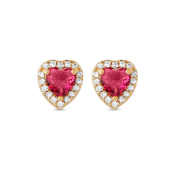 Brinco Folheado a Ouro 18k Coração Clássico Cravejado Vermelho
