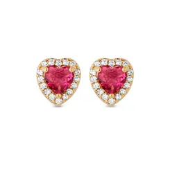 Brinco Folheado a Ouro 18k Coração Clássico Cravejado Vermelho