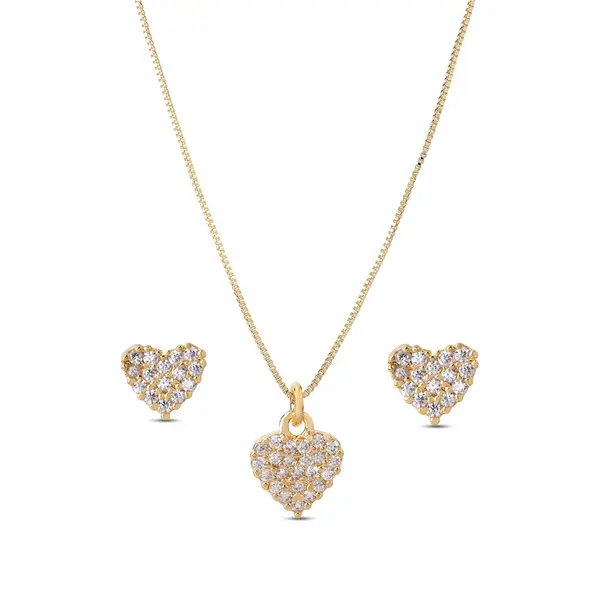 Conjunto Folheado a Ouro 18k Coração Cravejado