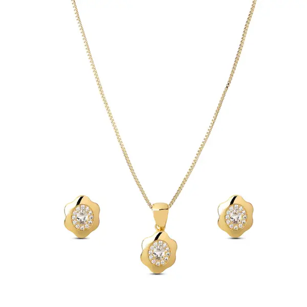 Conjunto Folheado a Ouro 18k Flor com Centro Cravejado