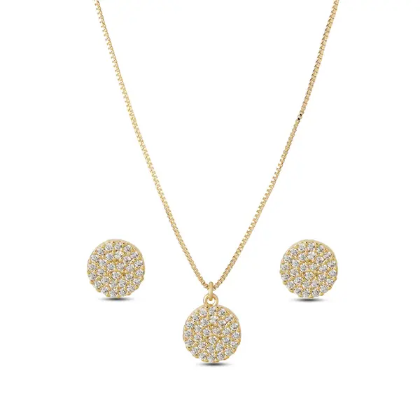 Conjunto Folheado a Ouro 18k Redondo Cravejado