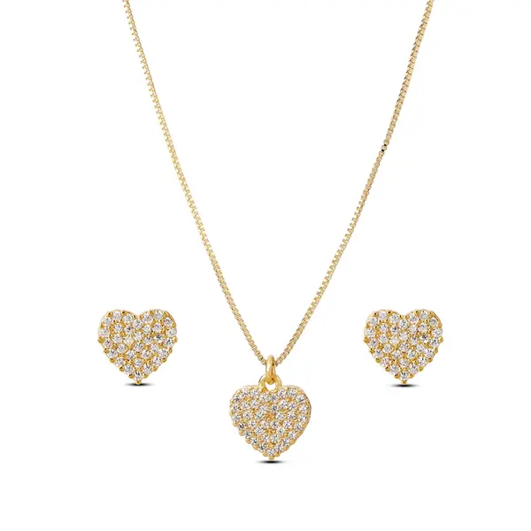 Conjunto Folheado a Ouro 18k Coração Cravejado