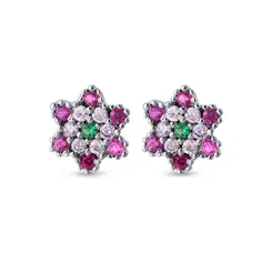 Brinco Prata Leve Flor Zircônias Coloridas
