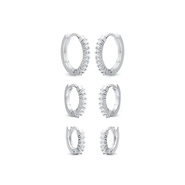 Brinco Prata Leve Trio Argola Click com Zircônias