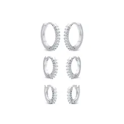 Brinco Prata Leve Trio Argola Click com Zircônias