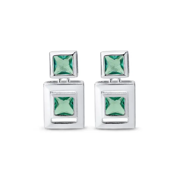 Brinco Prata Leve Dois Quadrados Zircônia Verde