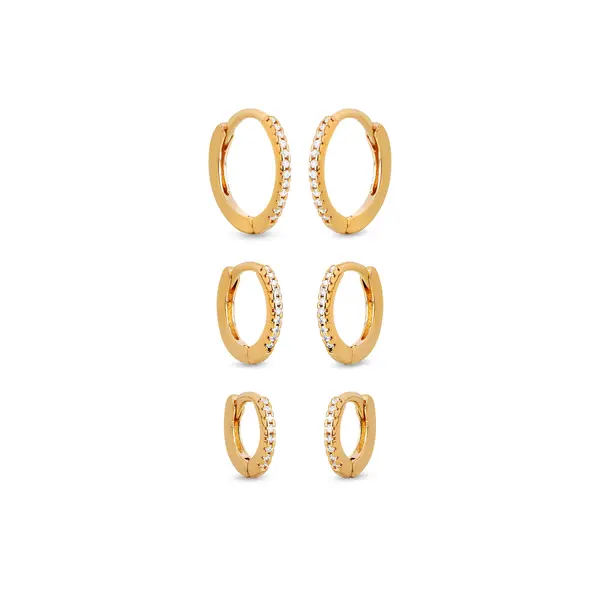 Brinco Folheado a Ouro 18k Trio Argola Click Fina com Zircônias