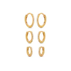 Brinco Folheado a Ouro 18k Trio Argola Click Fina com Zircônias