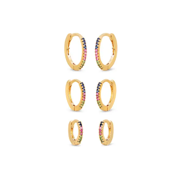 Brinco Folheado a Ouro 18k Trio Argola Click Fina com Zircônias Coloridas