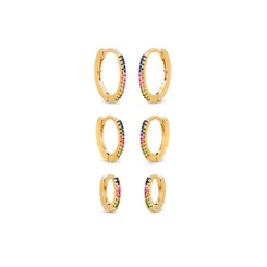 Brinco Folheado a Ouro 18k Trio Argola Click Fina com Zircônias Coloridas
