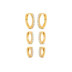 Brinco Folheado a Ouro 18k Trio Argola Click com Zircônias