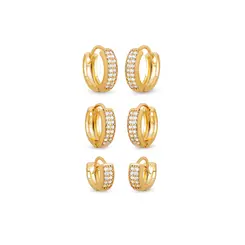 Brinco Folheado a Ouro 18k Trio Argola Click com Zircônias Larga