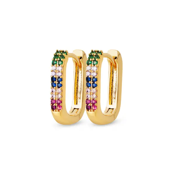 Brinco Folheado a Ouro 18k Argola Click Quadrada com Zircônias Colorida