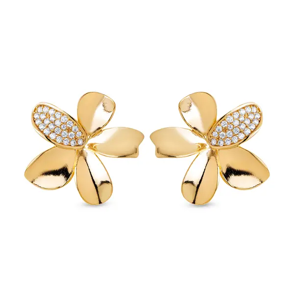 Brinco Folheado a Ouro 18k Flor com Zircônia Grande