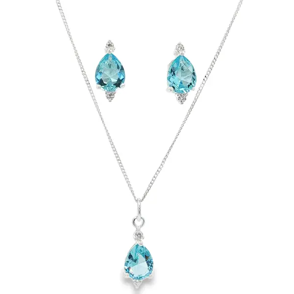 Conjunto Prata Gota com Zircônia Azul Claro