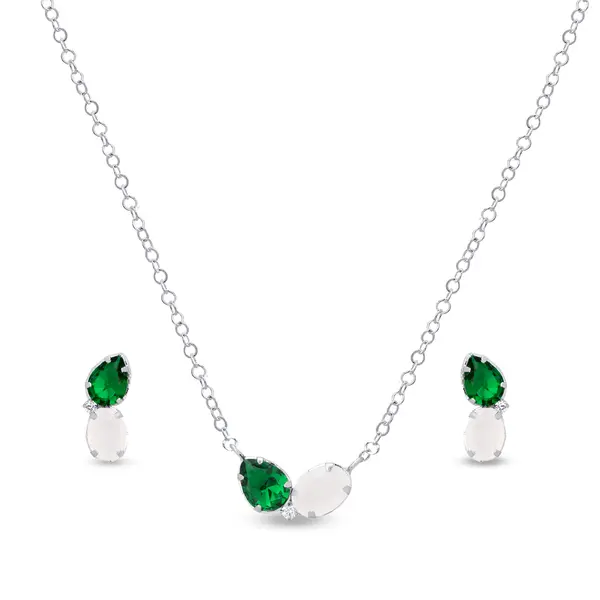 Conjunto Banho de Ródio Gota Verde Zircônia Branca