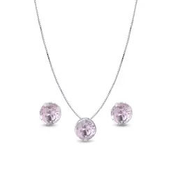 Conjunto Prata Leve Redondo com Zircônia Rosa Claro