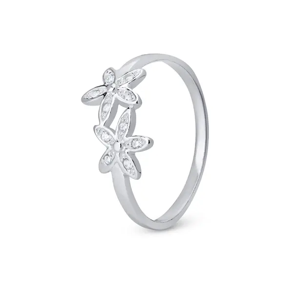 Anel Prata Duas Flores com Zircônias
