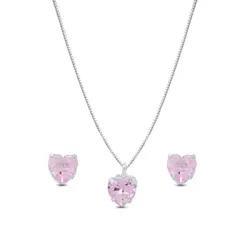 Conjunto Prata leve Coração Zircônia Rosa