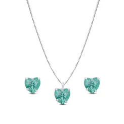 Conjunto Prata leve Coração Zircônia Verde