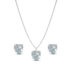 Conjunto Prata leve Coração Zircônia Azul