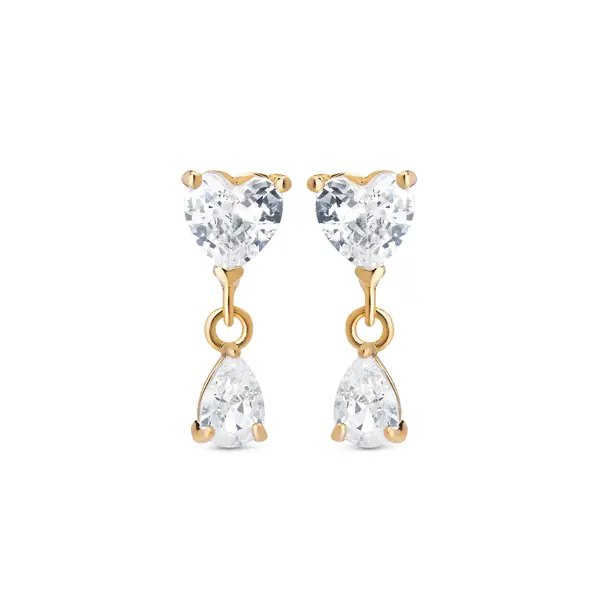 Brinco Folheado a Ouro 18k Dois Corações em Zircônias