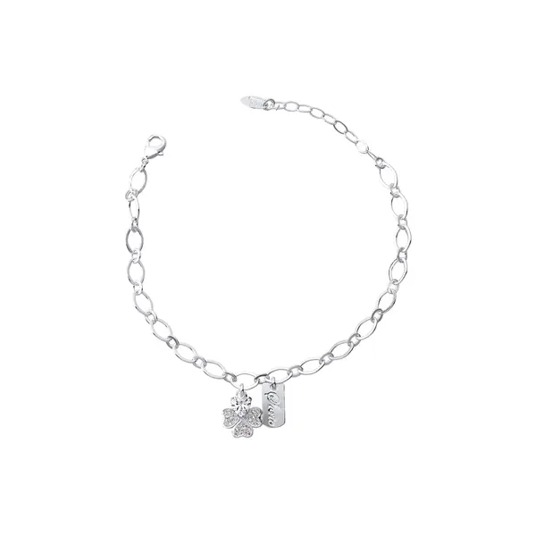 Pulseira Prata Leve Trevo e Placa Sorte