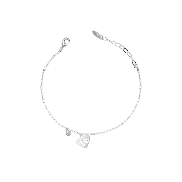 Pulseira Prata Leve Coração com Patinha e Osso