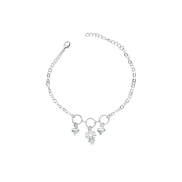 Pulseira Prata Leve Menina e Corações