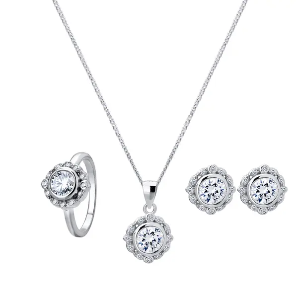 Conjunto Prata Rodio Zircônia Branca Redondo