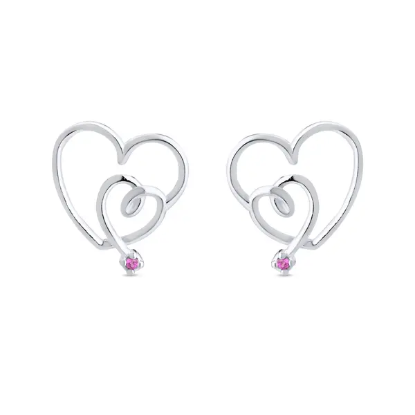 Brinco Prata Dois Corações com Ponto em Zircônia Rosa