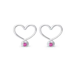 Brinco Prata Coração com Ponto em Zircônia Rosa