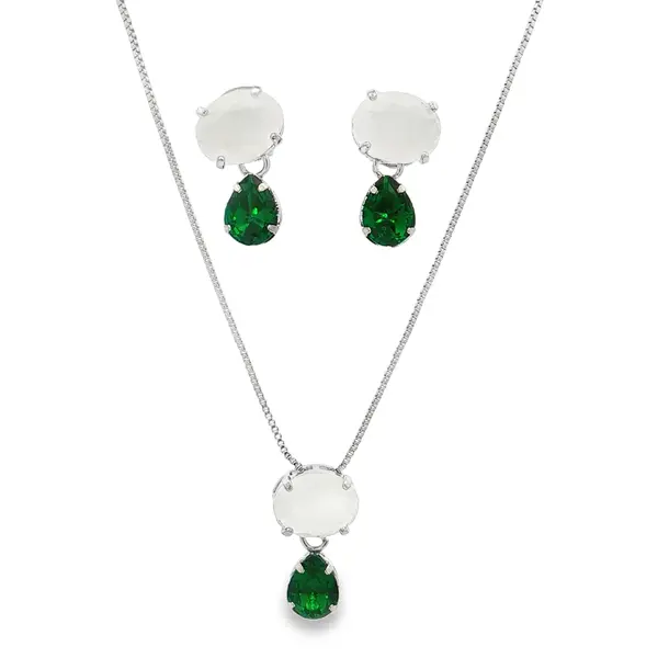 Conjunto Banho de Ródio Gota Verde Zircônia Branca