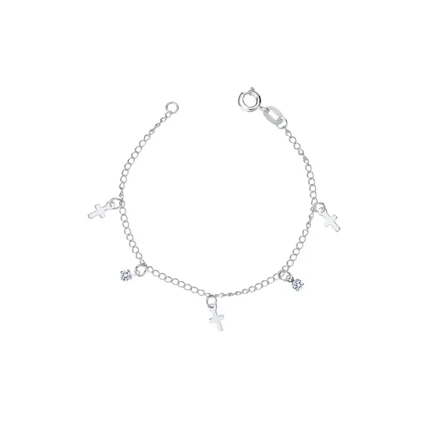 Pulseira Prata Leve Infantil Zircônias e Cruz 12cm