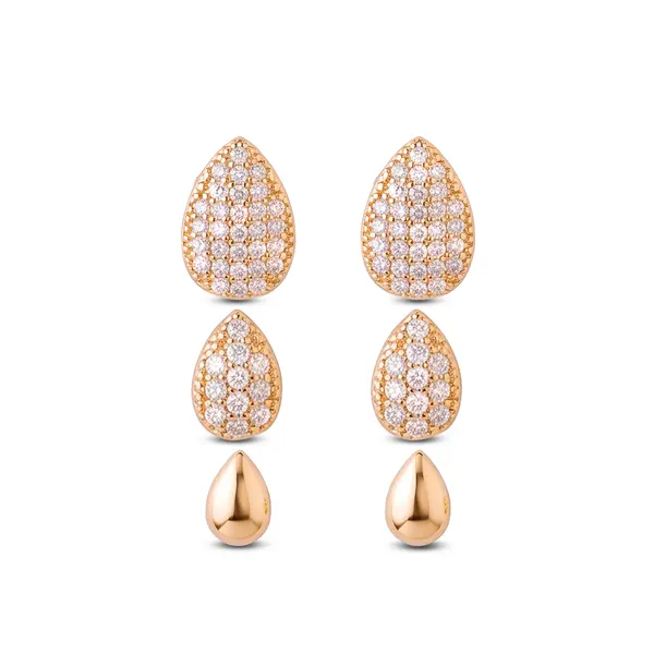 Brinco Prata Folheado a Ouro 18k Trio Gotas Cravejadas