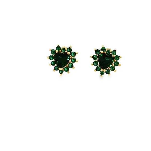 Brinco Prata Folheado a Ouro 18k Coração com Zircônias Verdes