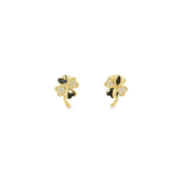 Brinco Prata Folheado a Ouro 18k Trevo Quatro Folha com Zircônias