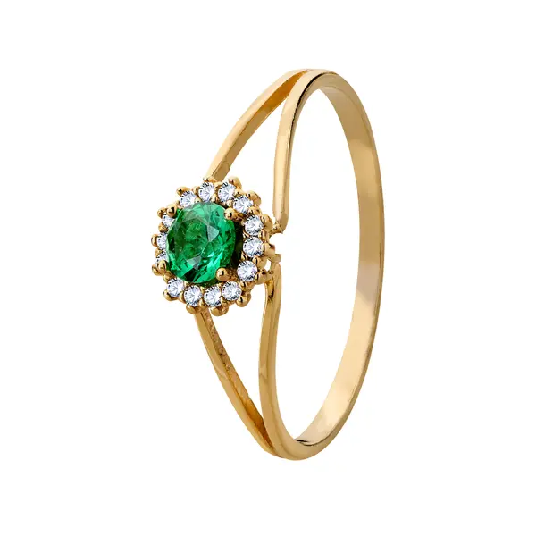Anel Ouro 18K Zircônia Verde Com Brancas Em Volta