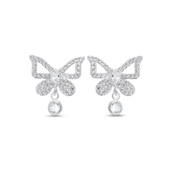 Brinco Prata Leve Flor em Si Borboleta Cravejada