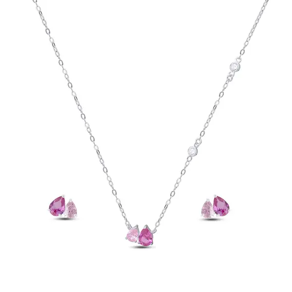 Conjunto Flor em Si Gotas Rosa e Zircônias
