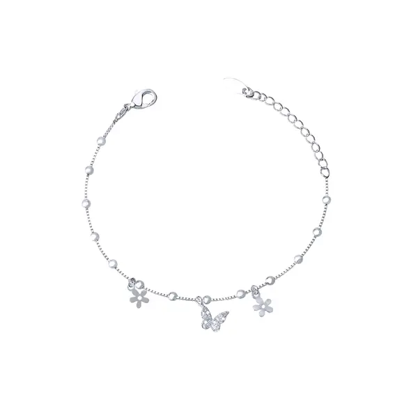 Pulseira Prata Leve Infantil Borboleta e Flores