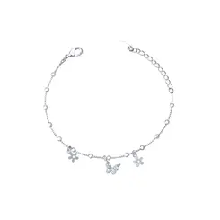 Pulseira Prata Leve Infantil Borboleta e Flores