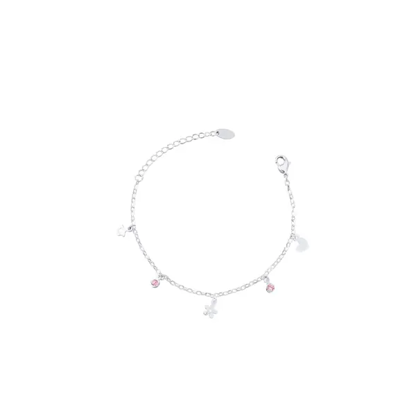 Pulseira Prata Leve Infantil Flor Coração Estrela e Zircônias