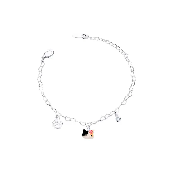 Pulseira Prata Leve Infantil Gatinha Patinha e Zircônia